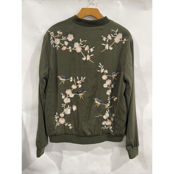 Forever 21 Embroidered Floral Birds Bomber Full Zip Jacket with Pockets Sz M - Picture 4 of 9